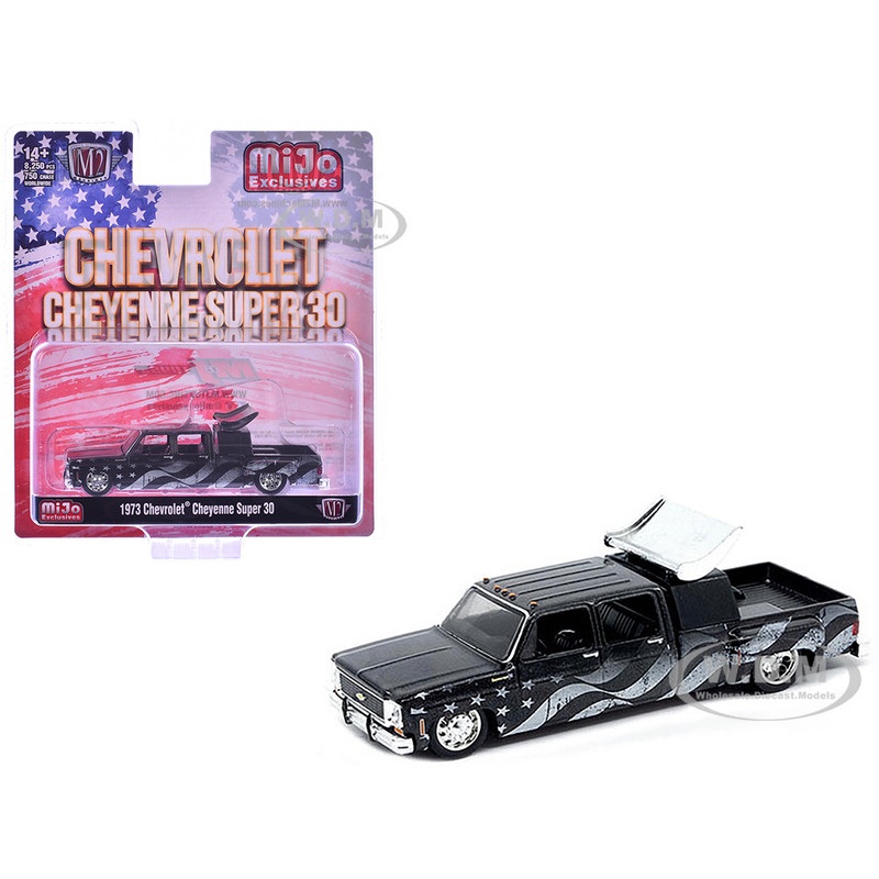 1973 Chevrolet Cheyenne Super 30 Pickup Truck Black with American Flag Graphics Limited Edition to 8250 pieces Worldwide 1/64 Diecast Model Car by M2 Machines
