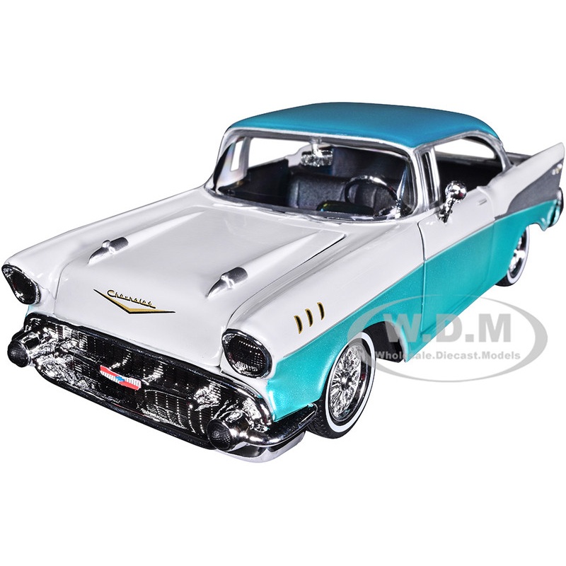 1957 Chevrolet Bel Air Lowrider Turquoise Metallic and White Get Low Series 1/24 Diecast Model Car by Motormax