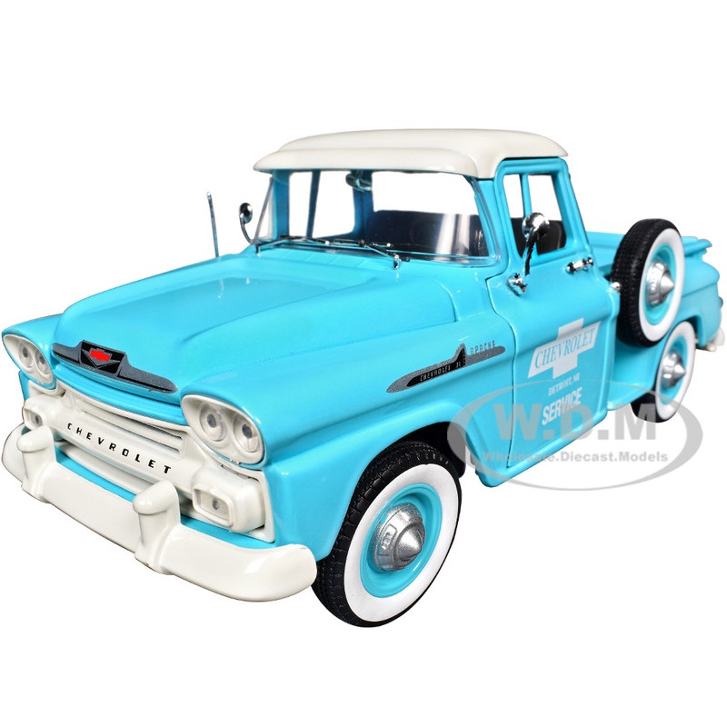 1958 Chevrolet Apache Stepside Pickup Truck Chevrolet Service Light Blue with White Top Limited Edition to 6650 pieces Worldwide 1/24 Diecast Model Car by M2 Machines