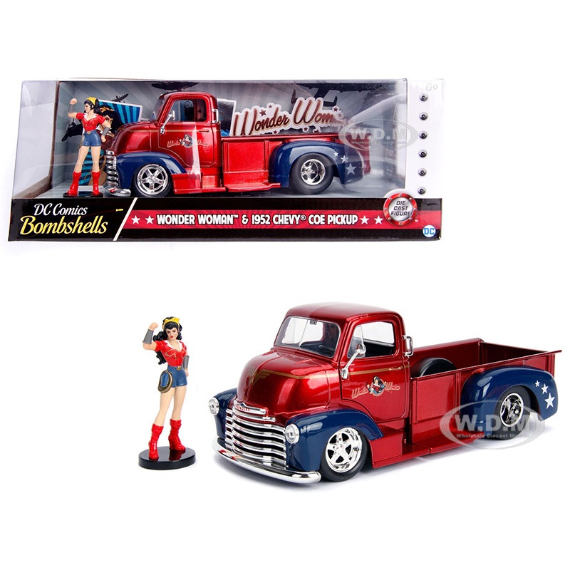 1952 Chevrolet COE Pickup Truck Candy Red and Blue with Wonder Woman Diecast Figure DC Comics Bombshells Series Hollywood Rides 1/24 Diecast Model Car by Jada