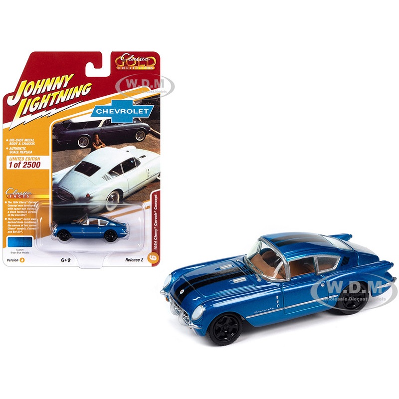 1954 Chevrolet Corvair Concept Car Bright Blue Metallic with Black Stripes Classic Gold Collection 2023 Release 2 Limited Edition to 2500 pieces Worldwide 1/64 Diecast Model Car by Johnny Lightning