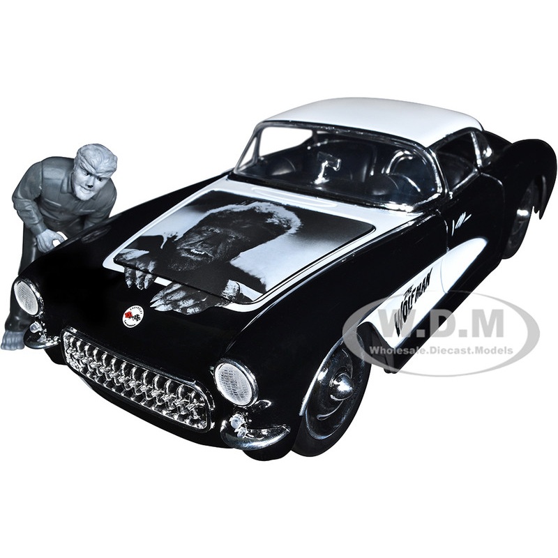 1957 Chevrolet Corvette Black with White Top and Wolfman Diecast Figure Universal Monsters Hollywood Rides Series 1/24 Diecast Model Car by Jada