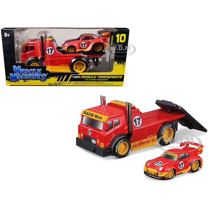 JDM Flatbed Truck #17 Red RAUH-Welt BEGRIFF and Porsche RWB 911 993 #17 Red Muscle Transports Series 1/64 Diecast Model Cars by Muscle Machines