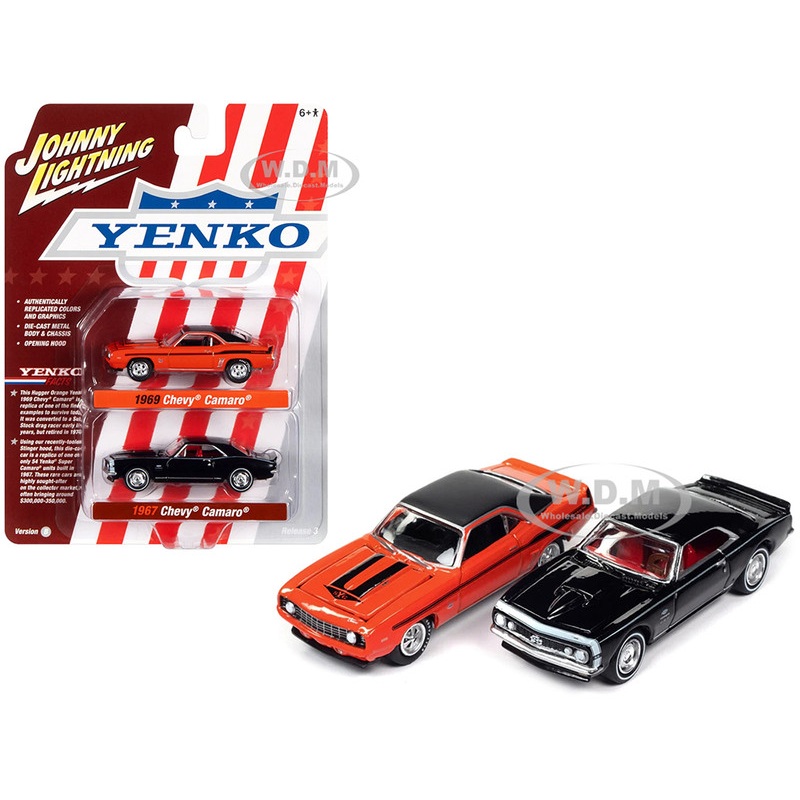 1969 Chevrolet Camaro Hugger Orange with Black Top and Stripes and 1967 Chevrolet Camaro Black with White Stripe and Red Interior Yenko Series Set of 2 Cars 1/64 Diecast Model Cars by Johnny Lightning