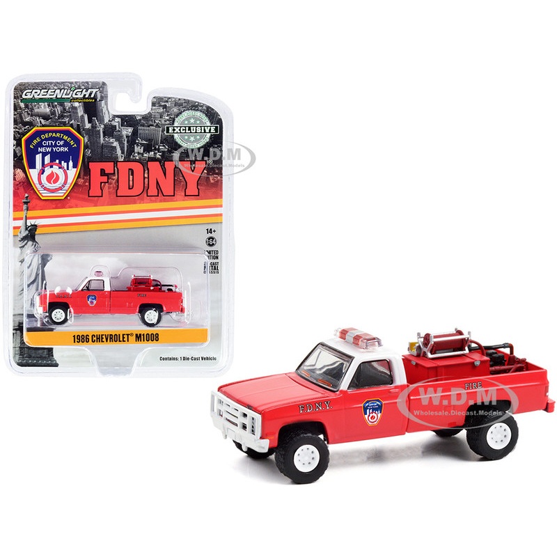 1986 Chevrolet M1008 Pickup Truck Red with White Top with Fire Equipment, Hose and Tank Fire Department City of New York (FDNY) Hobby Exclusive 1/64 Diecast Model Car by Greenlight