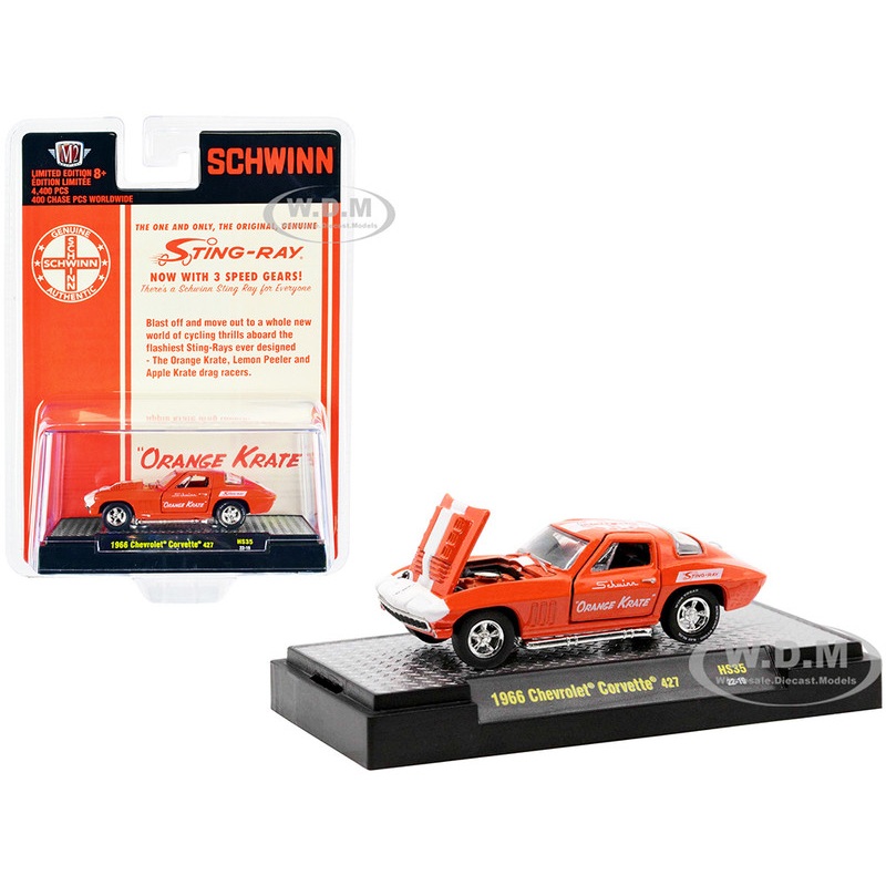 1966 Chevrolet Corvette 427 #68 Orange with White Stripes and Graphics Schwinn Orange Krate Limited Edition to 4400 pieces Worldwide 1/64 Diecast Model Car by M2 Machines