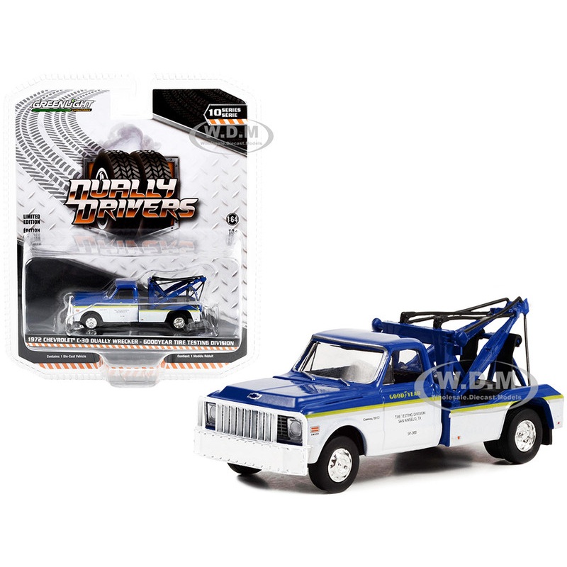 1972 Chevrolet C-30 Dually Wrecker Truck White and Blue with Yellow Stripes Goodyear Tire Testing Division Dually Drivers Series 10 1/64 Diecast Model Car by Greenlight