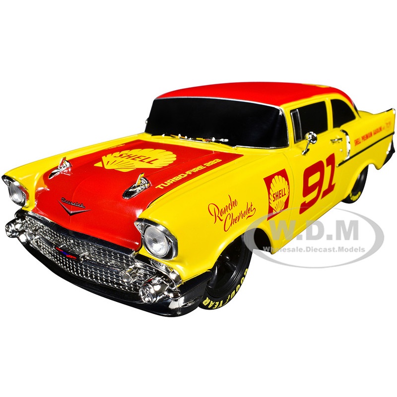1957 Chevrolet 150 Sedan #91 Yellow with Red Hood and Top Shell Oil Limited Edition to 6250 pieces Worldwide 1/24 Diecast Model Car by M2 Machines