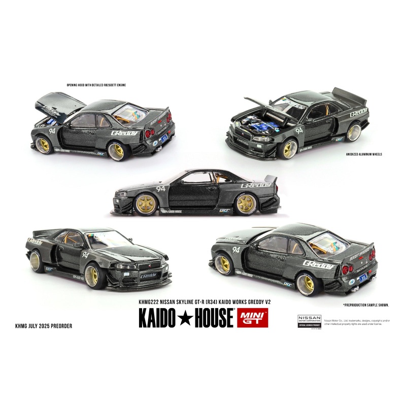 * PRE ORDER * [ Kaido House x MINI GT ] 1/64 Nissan Skyline GT-R (R34) Kaido Works GReddy V2 KHMG222