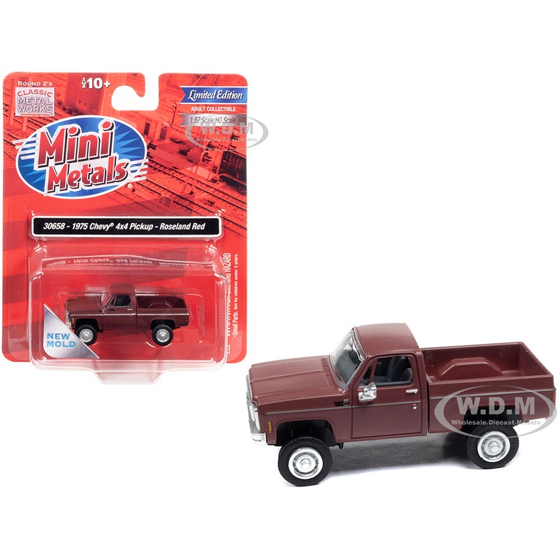 1975 Chevrolet 4×4 Pickup Truck Roseland Red 1/87 (HO) Scale Model Car by Classic Metal Works