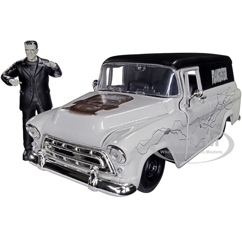 1957 Chevrolet Suburban Gray and Black with Graphics and Frankenstein Diecast Figurine Universal Monsters Hollywood Rides Series 1/24 Diecast Model Car by Jada