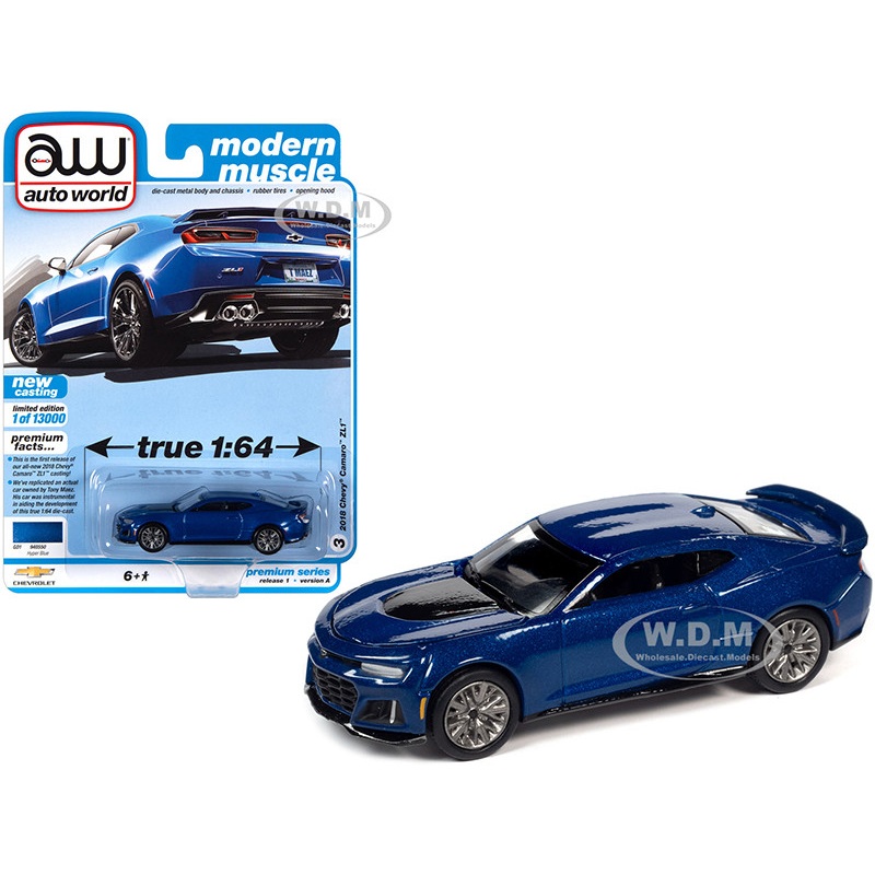 2018 Chevrolet Camaro ZL1 Hyper Blue Metallic Modern Muscle Limited Edition to 13000 pieces Worldwide 1/64 Diecast Model Car by Auto World