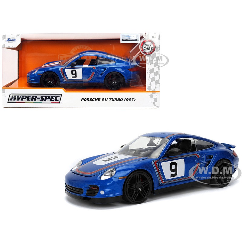 Porsche 911 Turbo (997) #9 Blue Metallic with Stripes Hyper-Spec Series 1/24 Diecast Model Car by Jada