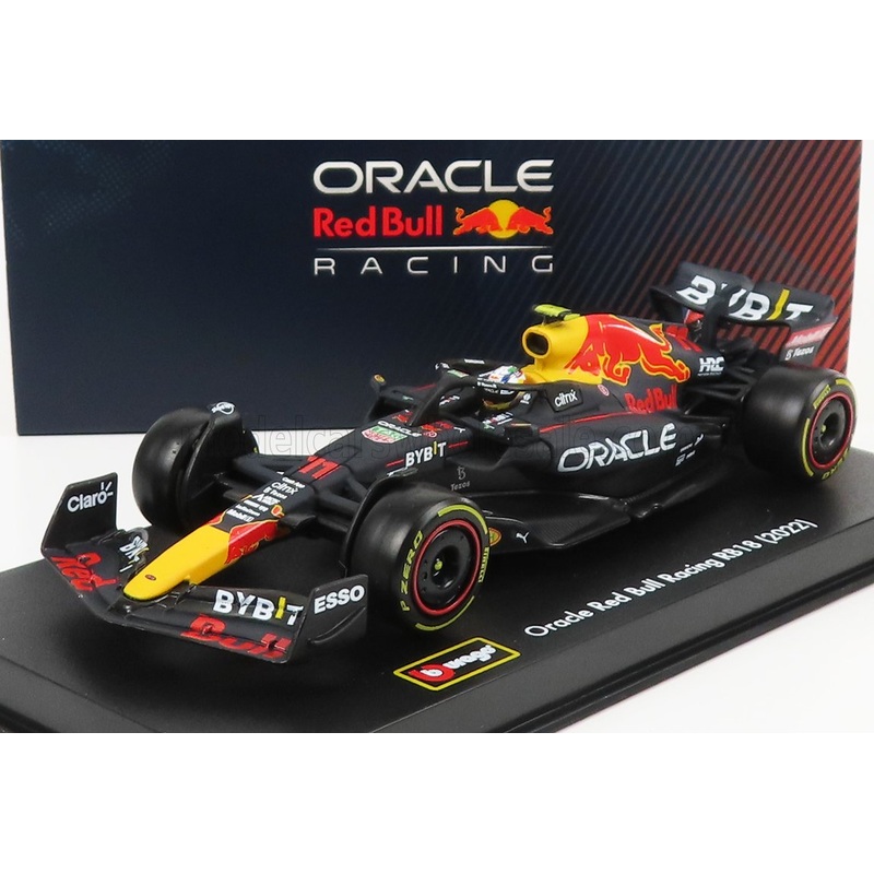 RED BULL | F1  RB18 TEAM ORACLE RED BULL RACING N 11 SEASON 2022 SERGIO PEREZ – WITH HELMET AND PLASTIC SHOWCASE | MATT BLUE YELLOW