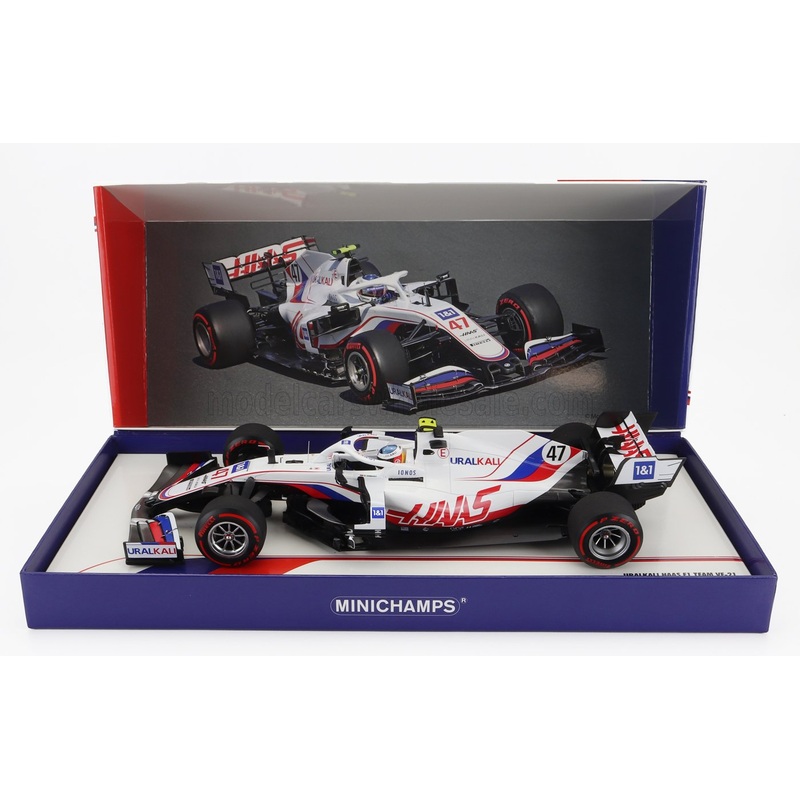 HAAS – F1  VF-21 065/6 TEAM URALKALI N 47 BELGIUM GP 2021 MICK SCHUMACHER WITH MICHAEL SCHUMACHER RETRO HELMET LIVERY – WHITE BLUE RED