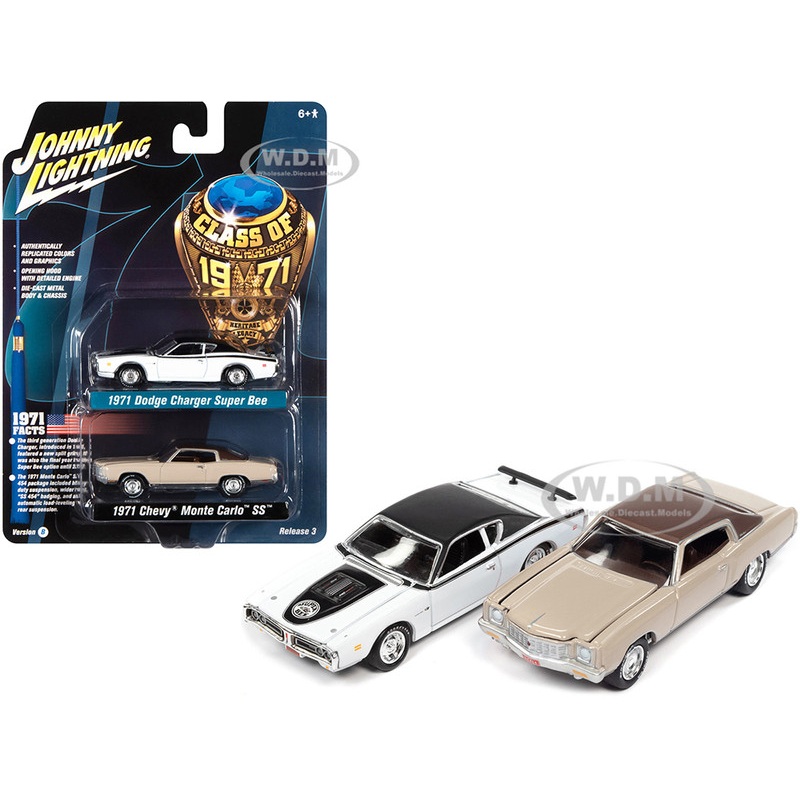 1971 Dodge Charger Super Bee White and 1971 Chevrolet Monte Carlo SS Sandalwood Brown Class of 1971 Set of 2 Cars 1/64 Diecast Model Cars by Johnny Lightning