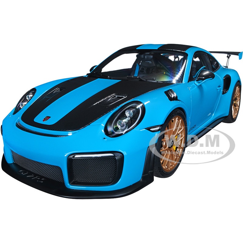 Porsche 911 (991.2) GT2 RS Weissach Package Miami Blue with Carbon Stripes 1/18 Model Car by Autoart