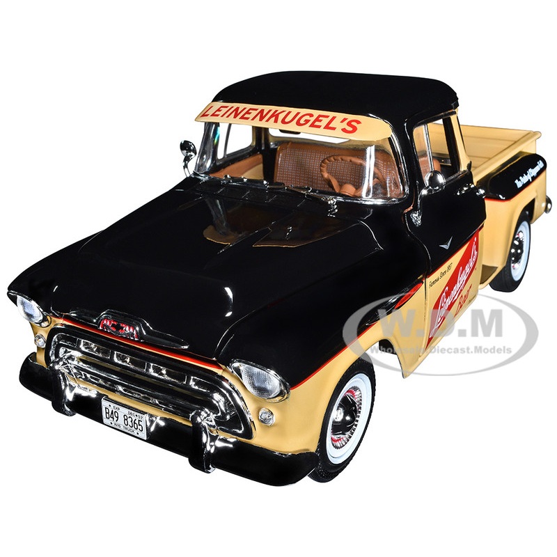 1957 Chevrolet 3100 Stepside Pickup Truck Black and Tan with Graphics Leinenkugle’s Beer The Pride of Chippewa Falls 1/18 Diecast Model by Auto World