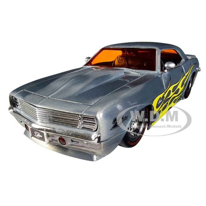 1969 Chevrolet Camaro Raw Metal with Yellow Flames Bigtime Muscle Jada 20th Anniversary 1/24 Diecast Model Car by Jada