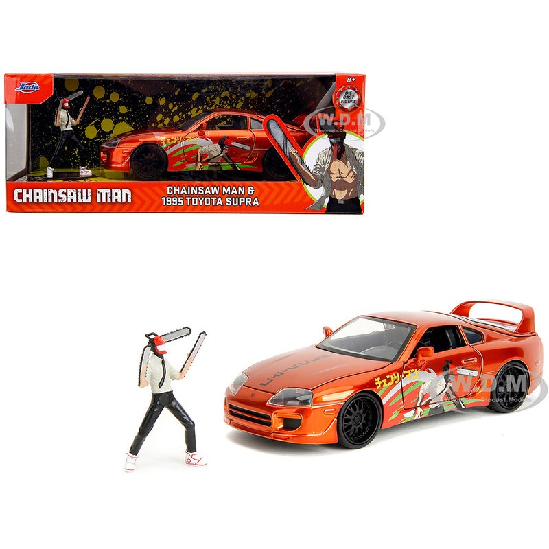 1995 Toyota Supra Orange Metallic with Graphics and Chainsaw Man Diecast Figure Chainsaw Man (2022) TV Series Anime Hollywood Rides Series 1/24 Diecast Model by Jada