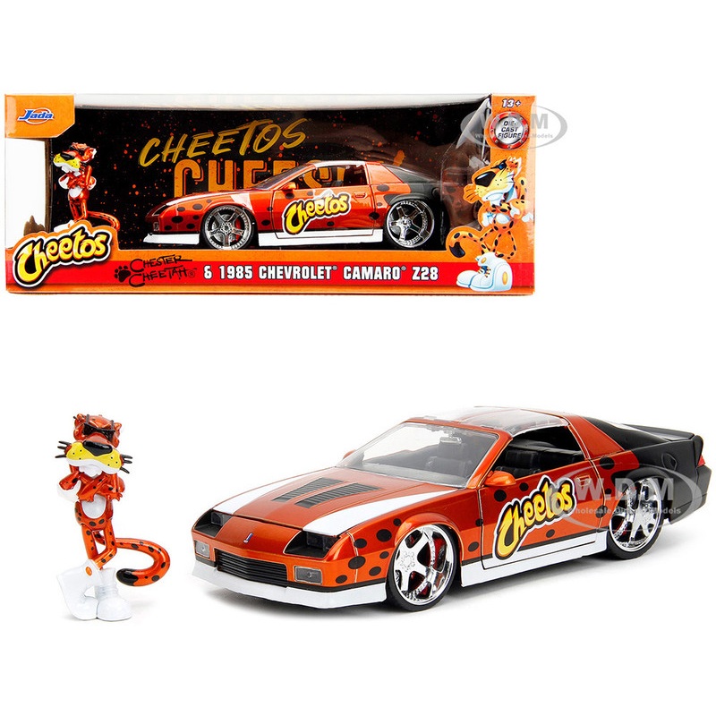 1985 Chevrolet Camaro Z/28 Orange Metallic with Graphics and Chester Cheetah Diecast Figure Cheetos Hollywood Rides Series 1/24 Diecast Model Car by Jada