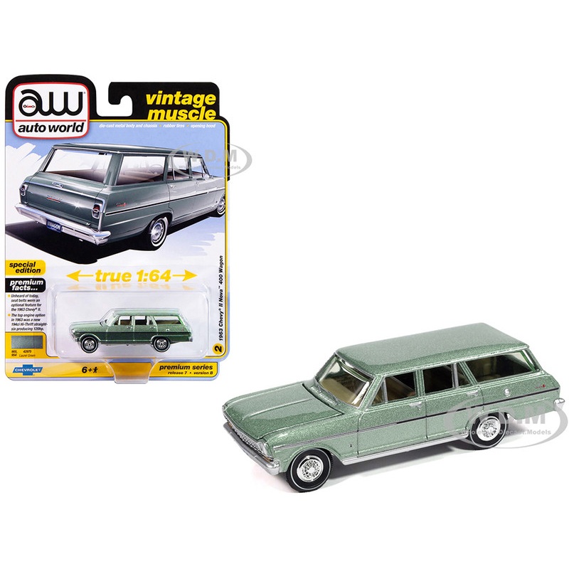 1963 Chevrolet II Nova 400 Wagon Laurel Green Metallic Vintage Muscle Series 1/64 Diecast Model Car by Auto World