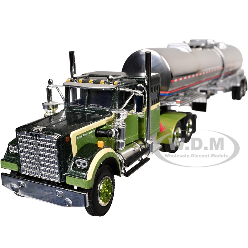 Western Star 4900 with 36 Vintage Flat Top Sleeper and Brenner Chemical Tank Trailer Olive and Dark Green Two-Tone 1/64 Diecast Model by DCP/First Gear