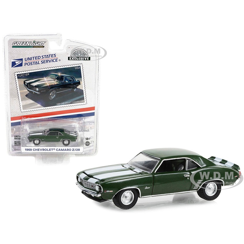 1969 Chevrolet Camaro Z/28 Green Metallic with White Stripes USPS (United States Postal Service) 2022 Pony Car Stamp Collection by Artist Tom Fritz Hobby Exclusive Series 1/64 Diecast Model Car by Greenlight