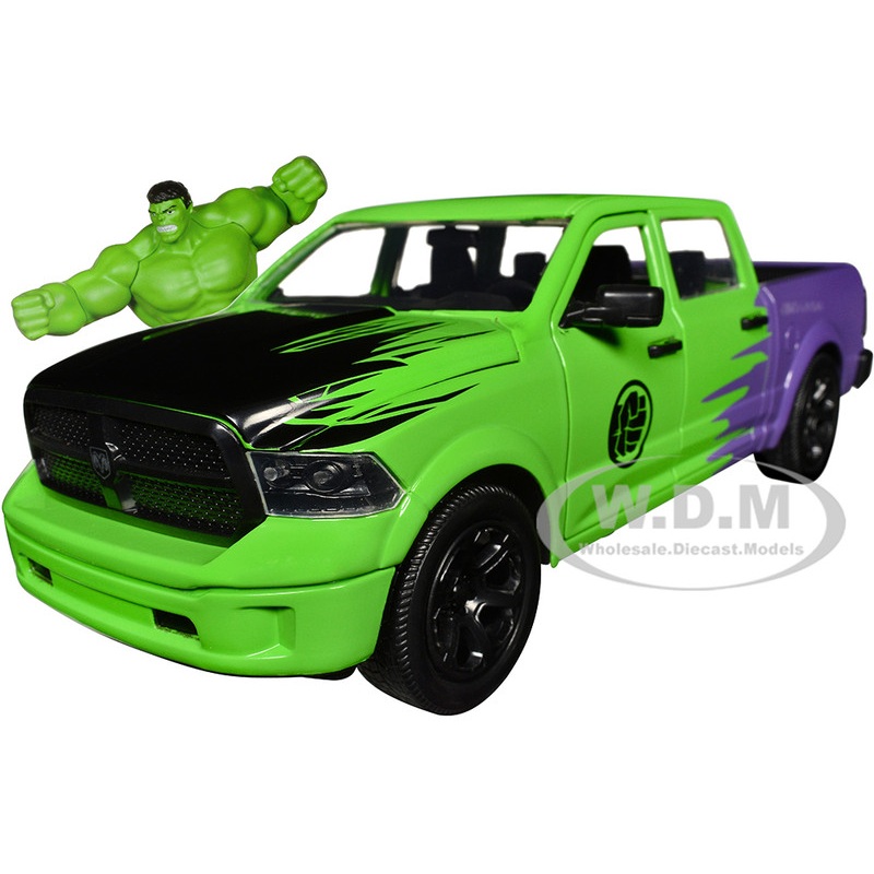 2014 RAM 1500 Pickup Truck Green and Purple and Hulk Diecast Figure Marvel Avengers Hollywood Rides Series 1/24 Diecast Model Car by Jada