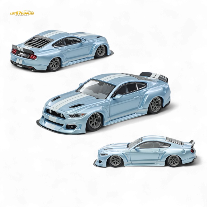 (Pre-Order) Liberty 64 Mustang Lowered Widebody Kit – Ice Blue + White Stripes 1:64