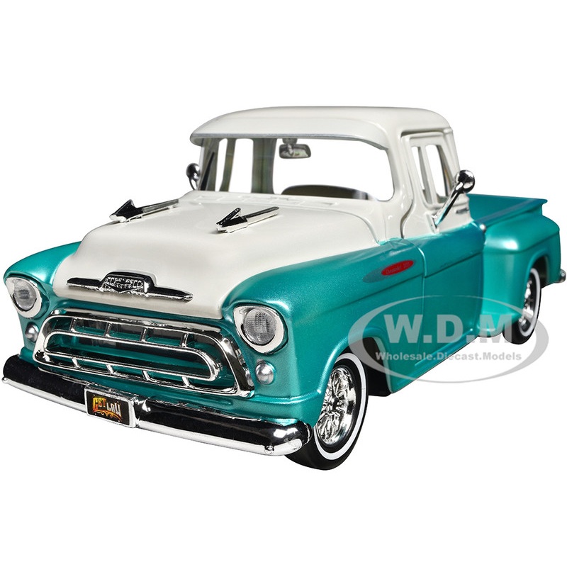1957 Chevrolet 3100 Stepside Pickup Truck Lowrider Turquoise Metallic and White with White Interior Get Low Series 1/24 Diecast Model Car by Motormax