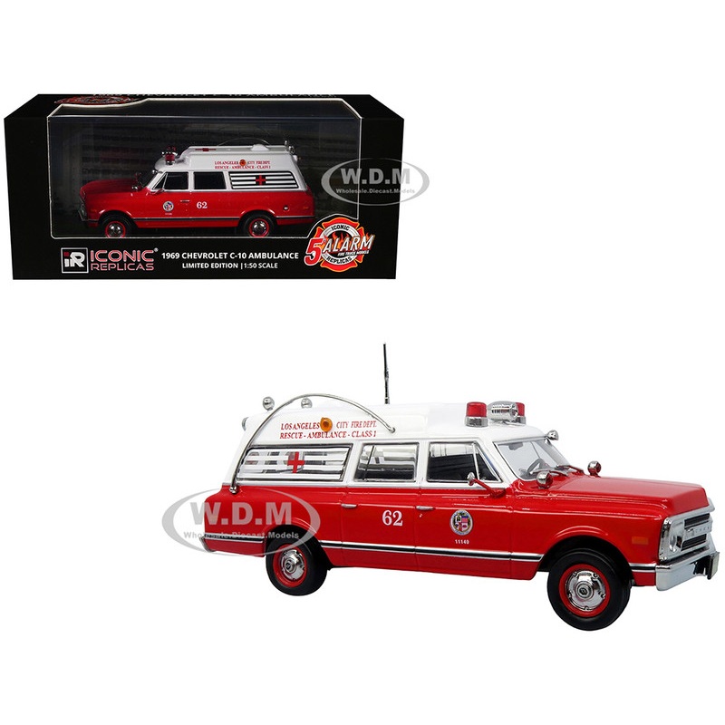 1969 Chevrolet C-10 Ambulance Los Angeles City Fire Department Red and White 5 Alarm Series Limited Edition 1/50 Diecast Model by Iconic Replicas