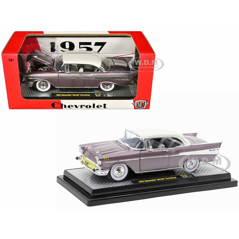 1957 Chevrolet Bel Air Hardtop Purple Metallic with Cream Top Limited Edition to 6250 pieces Worldwide 1/24 Diecast Model Car by M2 Machines
