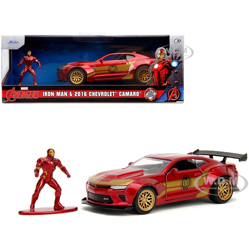 2016 Chevrolet Camaro Red Metallic and Gold and Iron Man Diecast Figure The Avengers Hollywood Rides Series 1/32 Diecast Model Car by Jada