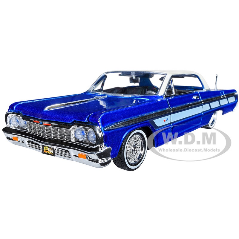 1964 Chevrolet Impala Lowrider Hard Top Candy Blue Metallic with Cream Top Get Low Series 1/24 Diecast Model Car by Motormax
