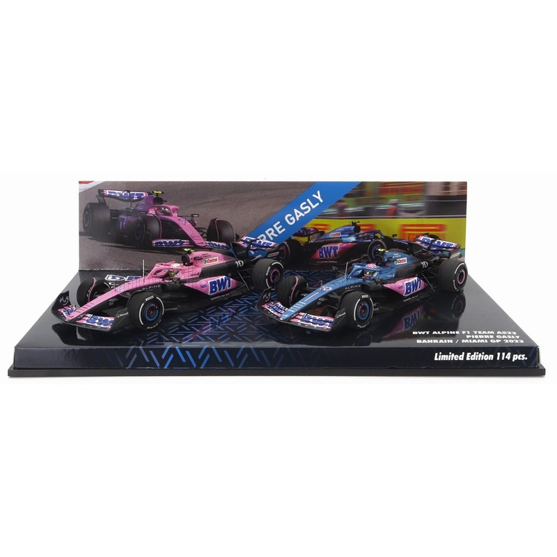 ALPINE – SET 2X F1  A523 TEAM BWT ALPINE N 10 9th BAHRAIN GP 2023 + N 10 8th MIAMI GP 2023 PIERRE GASLY – BLUE BLACK PINK