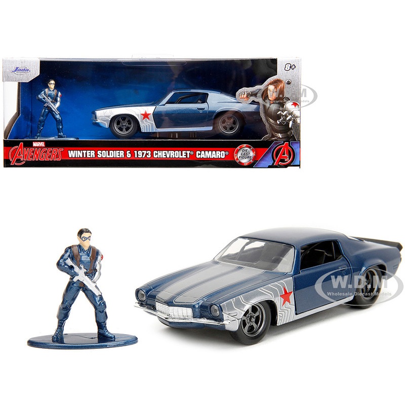 1973 Chevrolet Camaro Dark Blue Metallic with Gray Stripes and Winter Soldier Diecast Figure Marvel Avengers Hollywood Rides Series 1/32 Diecast Model Car by Jada