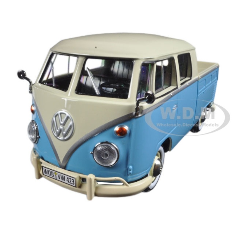 Volkswagen Type 2 (T1) Double Cab Pickup Truck Light Blue and Cream 1/24 Diecast Model Car by Motormax