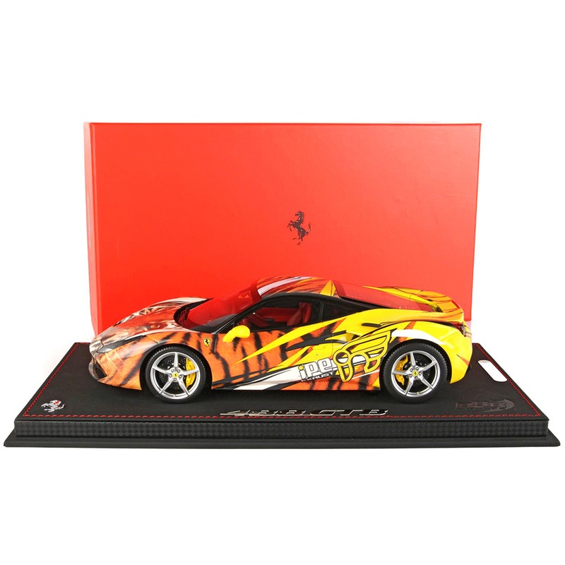 Ferrari 488 GTB IPE Exhaust Giallo Modena Yellow with Tiger Graphics with DISPLAY CASE Limited Edition to 100 pieces Worldwide 1/18 Model Car by BBR