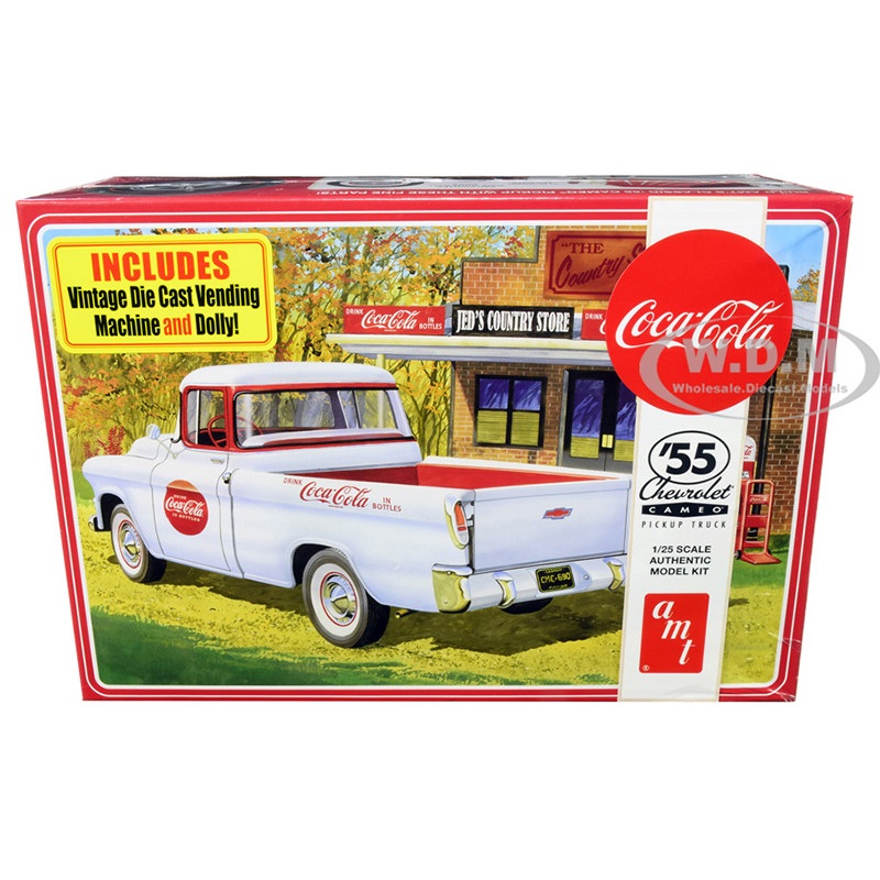 Skill 3 Model Kit 1955 Chevrolet Cameo Pickup Truck Coca-Cola with Vintage Vending Machine and Dolly 1/25 Scale Model by AMT