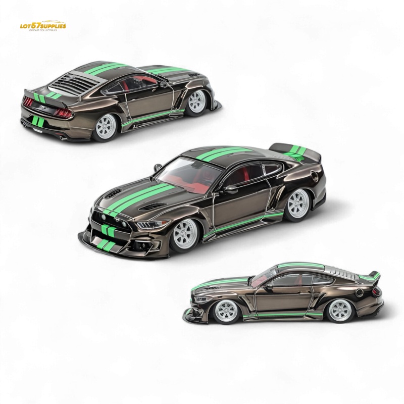 (Pre-Order) Liberty 64 Mustang Lowered Widebody Kit – Chrome Gun Grey + Fluorescent Green Stripes 1:64