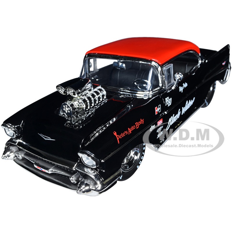 1957 Chevrolet Bel Air Black with Red Top Pete’s Auto Body: Black Widow Bigtime Muscle Series 1/24 Diecast Model Car by Jada