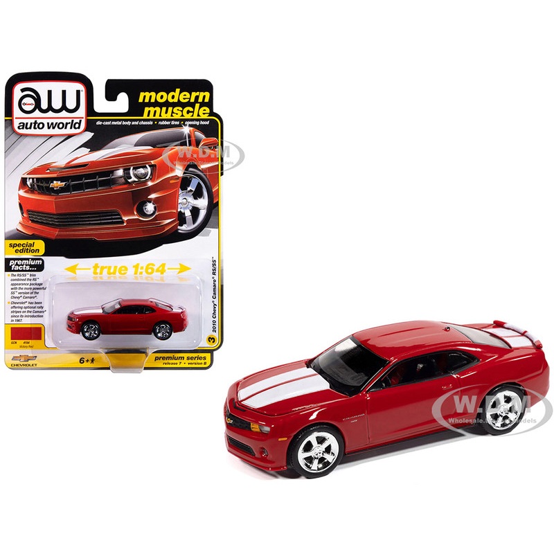 2010 Chevrolet Camaro RS/SS Victory Red with White Stripes Modern Muscle Series 1/64 Diecast Model Car by Auto World