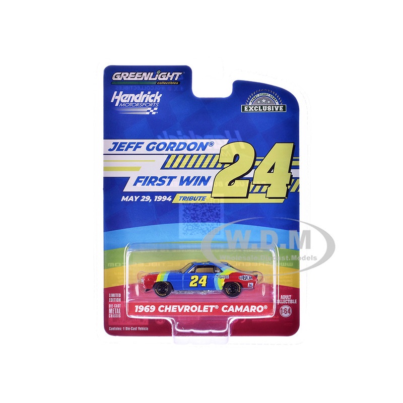 1969 Chevrolet Camaro #24 Jeff Gordon – Hendrick Motorsports First Win Tribute Blue and Red with Stripes Hobby Exclusive Series 1/64 Diecast Model Car by Greenlight