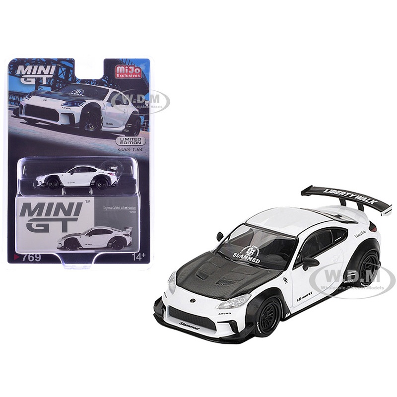 Toyota GR86 LB-Nation – Liberty Walk White with Carbon Hood Limited Edition 1/64 Diecast Model Car by Mini GT
