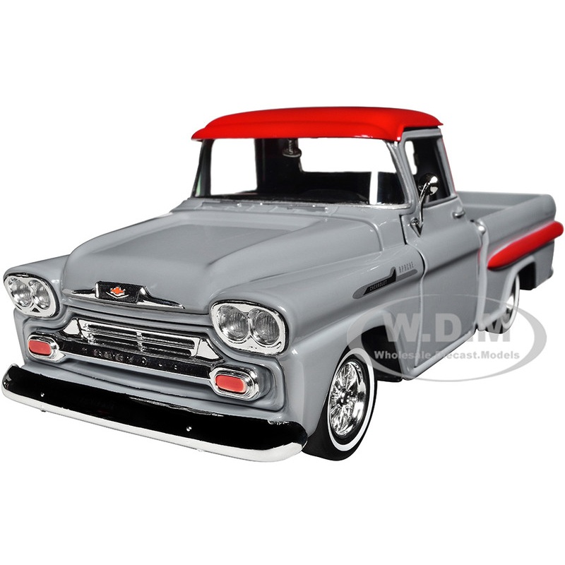 1958 Chevrolet Apache Fleetside Pickup Truck Lowrider Gray with Red Top Get Low Series 1/24 Diecast Model Car by Motormax