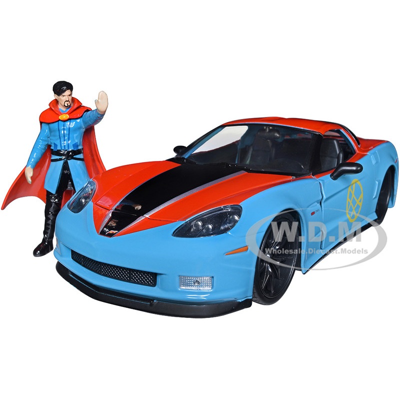 2006 Chevrolet Corvette Z06 Red and Blue with Doctor Strange Diecast Figurine Avengers Marvel Series Hollywood Rides 1/24 Diecast Model Car by Jada