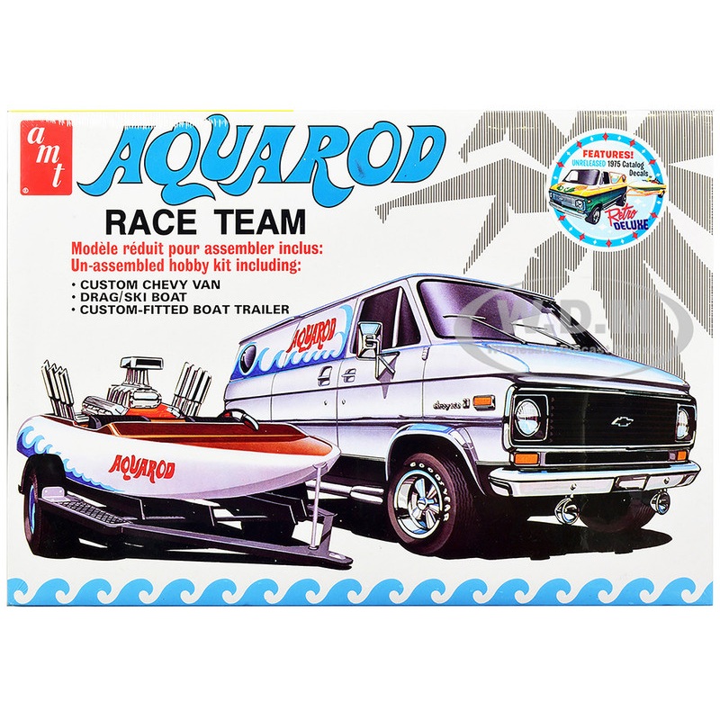 Skill 2 Model Kit Chevrolet Custom Van with Drag/Ski Boat and Trailer Aqua Rod Race Team 1/25 Scale Model by AMT