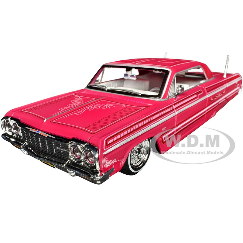 1964 Chevrolet Impala SS Lowrider Pink with Graphics and White Interior Lowriders Maisto Design Series 1/26 Diecast Model Car by Maisto