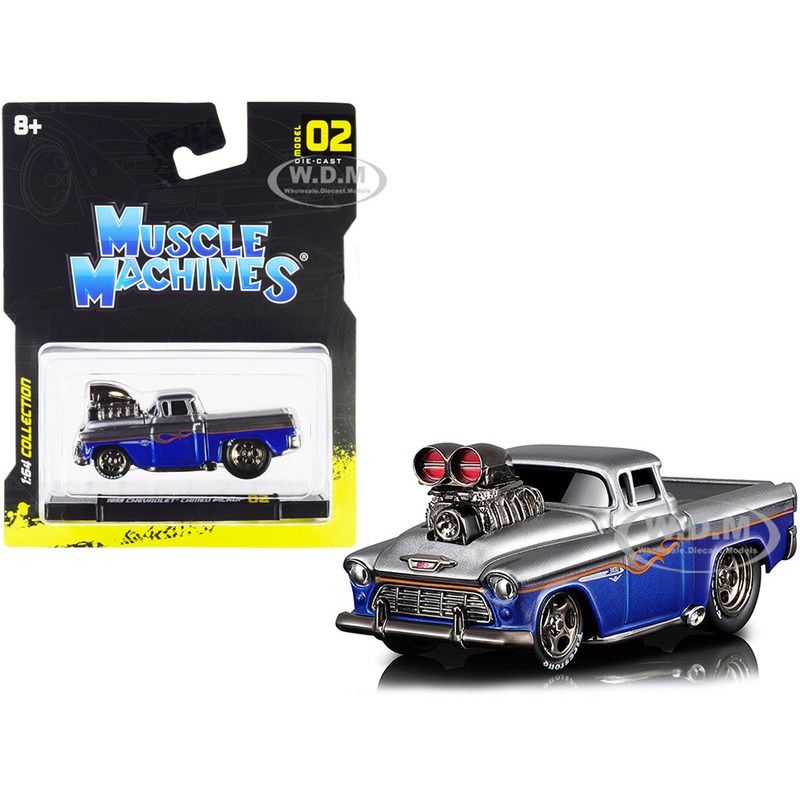 1955 Chevrolet Cameo Pickup Truck Gray and Blue Metallic with Flames 1/64 Diecast Model Car by Muscle Machines